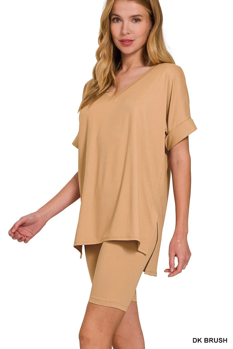 Zenana Brushed Microfiber V-neck Top & Biker Shorts-Variety Of Colors