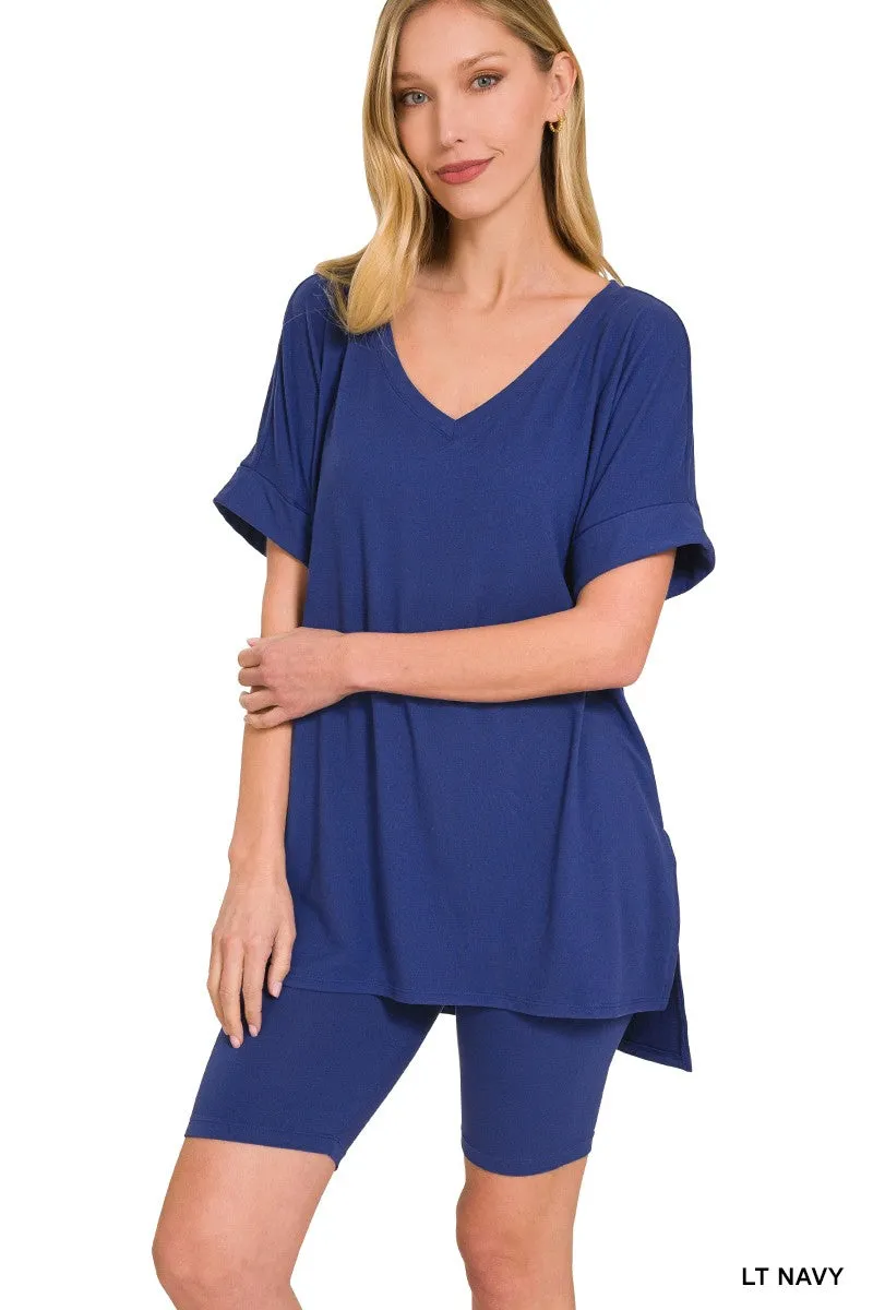 Zenana Brushed Microfiber V-neck Top & Biker Shorts-Variety Of Colors