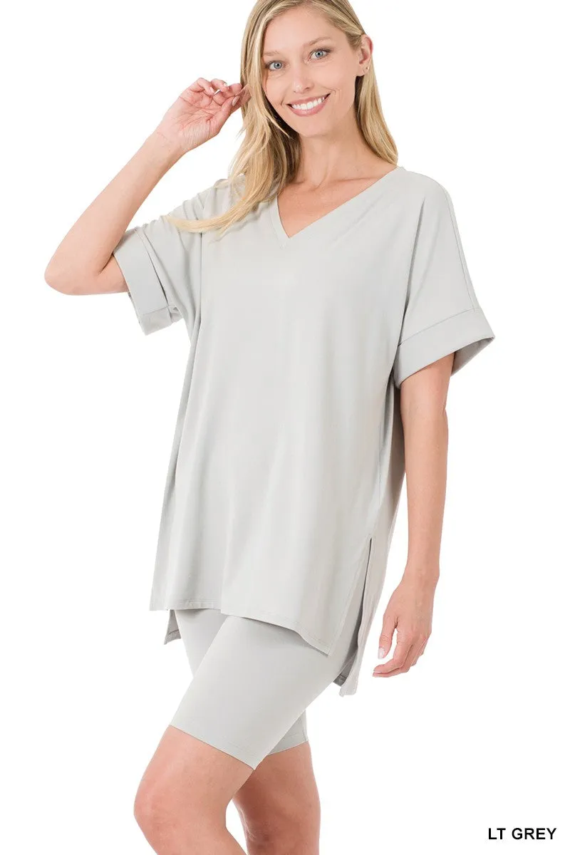 Zenana Brushed Microfiber V-neck Top & Biker Shorts-Variety Of Colors