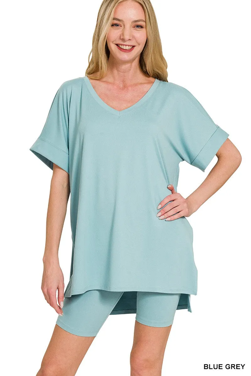 Zenana Brushed Microfiber V-neck Top & Biker Shorts-Variety Of Colors